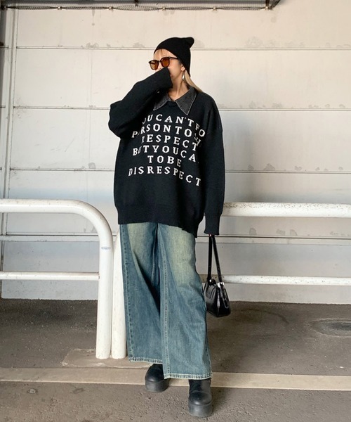 non-hedge(ノンヘッジ)の「襟デニム切替ロゴニットトップス(ニット/セーター・レディース・グレー/オフホワイト/ブラック/ワインレッド・FREE)」の12枚目の写真
