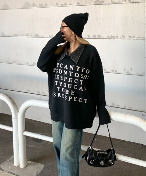 non-hedge(ノンヘッジ)の「襟デニム切替ロゴニットトップス(ニット/セーター・レディース・グレー/オフホワイト/ブラック/ワインレッド・FREE)」の13枚目の写真