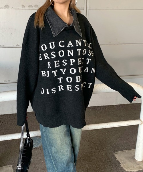 non-hedge(ノンヘッジ)の「襟デニム切替ロゴニットトップス(ニット/セーター・レディース・グレー/オフホワイト/ブラック/ワインレッド・FREE)」の14枚目の写真
