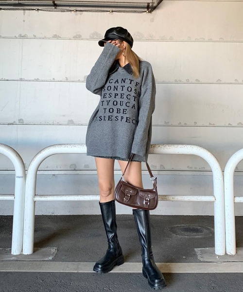 non-hedge(ノンヘッジ)の「襟デニム切替ロゴニットトップス(ニット/セーター・レディース・グレー/オフホワイト/ブラック/ワインレッド・FREE)」の15枚目の写真