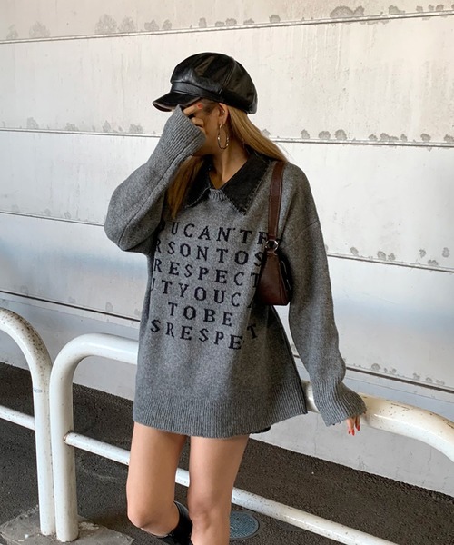 non-hedge(ノンヘッジ)の「襟デニム切替ロゴニットトップス(ニット/セーター・レディース・グレー/オフホワイト/ブラック/ワインレッド・FREE)」の16枚目の写真