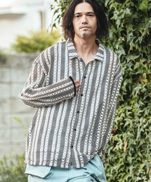 CAMBIO(�J���r�I)��ms6358- Openwork Floral Stripe Shirts �t�����[�X�g���C�v�V���c(PF-261-013)(�V���c/�u���E�X)
