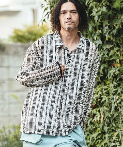 ms6358- Openwork Floral Stripe Shirts フラワーストライプシャツ(PF-261-013)