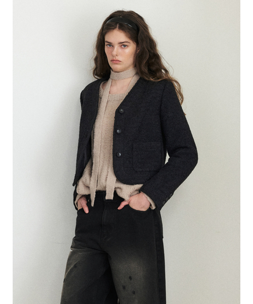 ETMON(エトモン)の「Curved Boucle Tweed Jacket, Black(その他アウター・レディース・その他・S/M)」の1枚目の写真