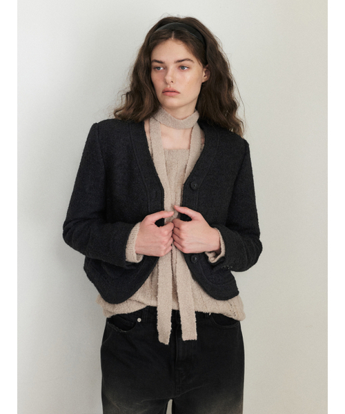 ETMON(エトモン)の「Curved Boucle Tweed Jacket, Black(その他アウター・レディース・その他・S/M)」の2枚目の写真