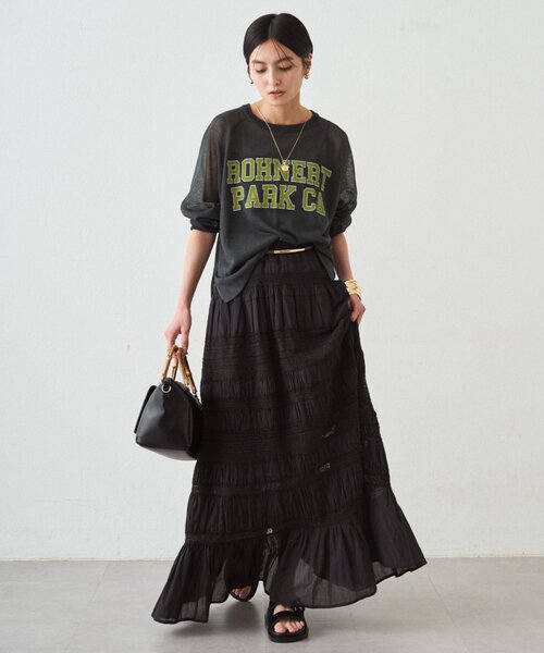 LOUNGEDRESS（ラウンジドレス）の「シアーカレッジロゴプリントニット（ニット/セーター・レディース・ネイビー/グリーン・FREE）」の6枚目の写真