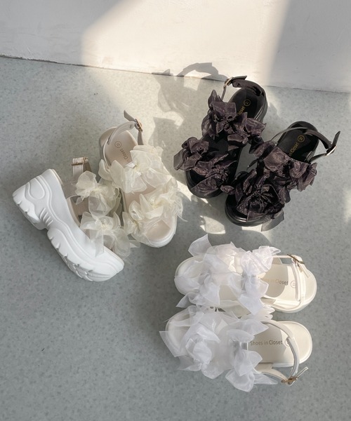 Shoes in Closet(シューズインクローゼット)の「【再入荷】+9.0㎝ 超軽量 厚底 チュールリボン サンダル 5484(サンダル・レディース・ベージュ/ホワイト/ブラック×ブラック・L/LL/M/S)」の21枚目の写真