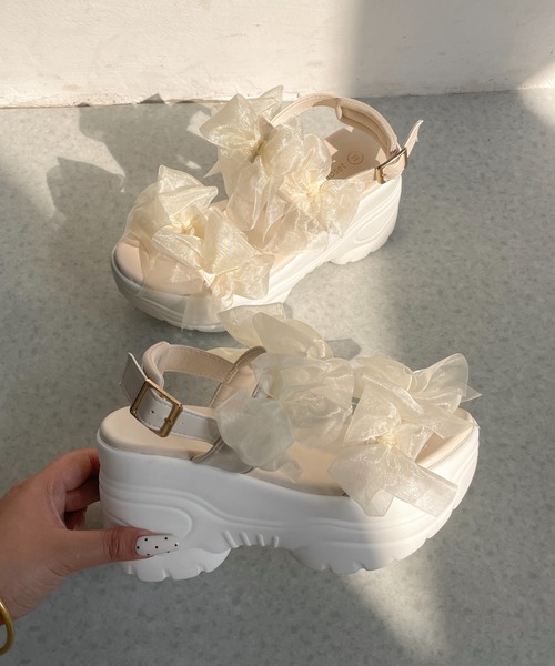 Shoes in Closet(シューズインクローゼット)の「【再入荷】+9.0㎝ 超軽量 厚底 チュールリボン サンダル 5484(サンダル・レディース・ベージュ/ホワイト/ブラック×ブラック・L/LL/M/S)」の17枚目の写真