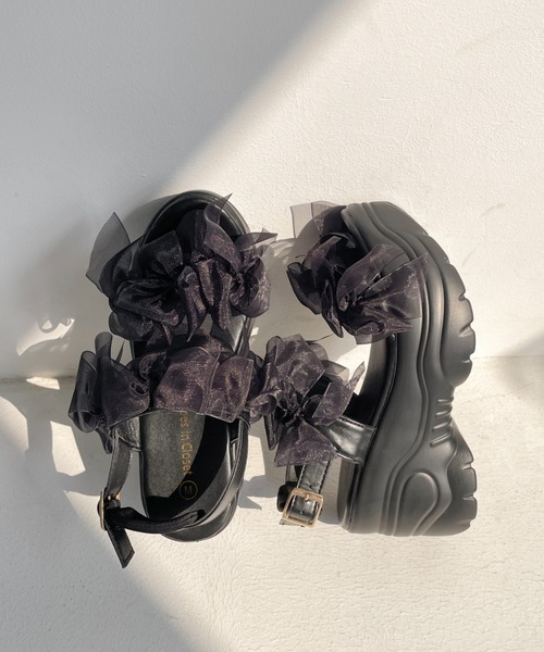 Shoes in Closet(シューズインクローゼット)の「【再入荷】+9.0㎝ 超軽量 厚底 チュールリボン サンダル 5484(サンダル・レディース・ベージュ/ホワイト/ブラック×ブラック・L/LL/M/S)」の8枚目の写真
