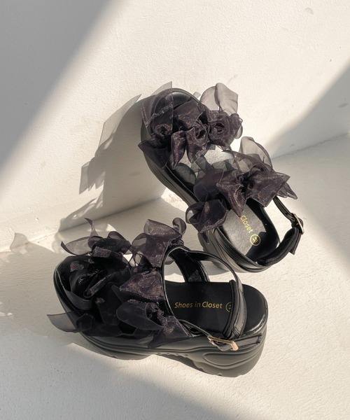 Shoes in Closet(シューズインクローゼット)の「【再入荷】+9.0㎝ 超軽量 厚底 チュールリボン サンダル 5484(サンダル・レディース・ベージュ/ホワイト/ブラック×ブラック・L/LL/M/S)」の9枚目の写真