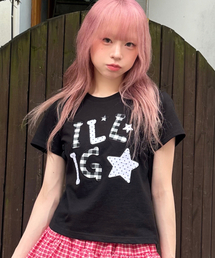 ILLIGO（イリゴ）の「チェックアプリケルーズクロップTシャツブラック（Tシャツ/カットソー）」
