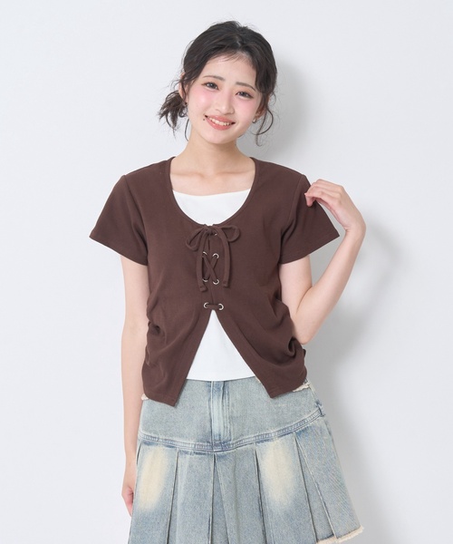 LOVETOXIC(ラブトキシック)の「【新色入荷♪】レースアップテレコ半袖T(Tシャツ/カットソー・キッズ・トップグレー/ブラック/サックスブルー/オフホワイト/ブラウン・S:140cm/130cm/M:150cm/L:160cm/M/L/SS/S)」の4枚目の写真