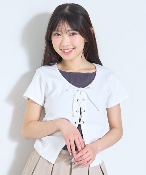 LOVETOXIC(ラブトキシック)の「【新色入荷♪】レースアップテレコ半袖T(Tシャツ/カットソー・キッズ・トップグレー/ブラック/サックスブルー/オフホワイト/ブラウン・S:140cm/130cm/M:150cm/L:160cm/M/L/SS/S)」の2枚目の写真