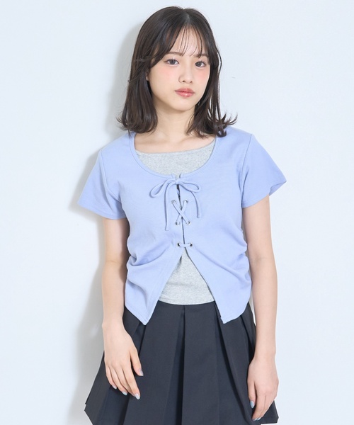 LOVETOXIC(ラブトキシック)の「【新色入荷♪】レースアップテレコ半袖T(Tシャツ/カットソー・キッズ・トップグレー/ブラック/サックスブルー/オフホワイト/ブラウン・S:140cm/130cm/M:150cm/L:160cm/M/L/SS/S)」の5枚目の写真