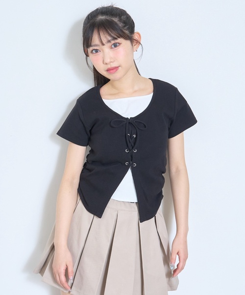 LOVETOXIC(ラブトキシック)の「【新色入荷♪】レースアップテレコ半袖T(Tシャツ/カットソー・キッズ・トップグレー/ブラック/サックスブルー/オフホワイト/ブラウン・S:140cm/130cm/M:150cm/L:160cm/M/L/SS/S)」の1枚目の写真