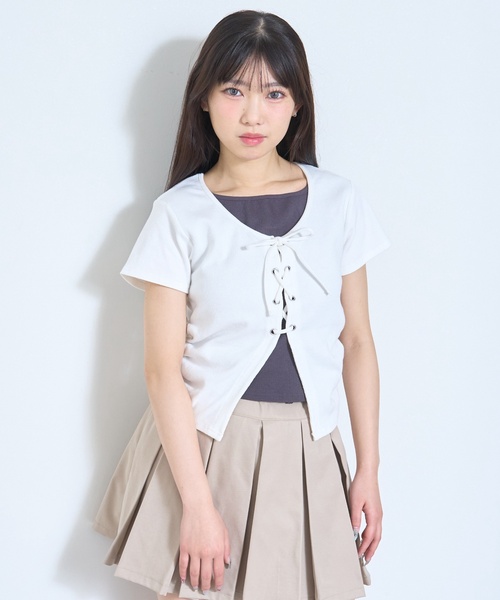 LOVETOXIC(ラブトキシック)の「【新色入荷♪】レースアップテレコ半袖T(Tシャツ/カットソー・キッズ・トップグレー/ブラック/サックスブルー/オフホワイト/ブラウン・S:140cm/130cm/M:150cm/L:160cm/M/L/SS/S)」の6枚目の写真