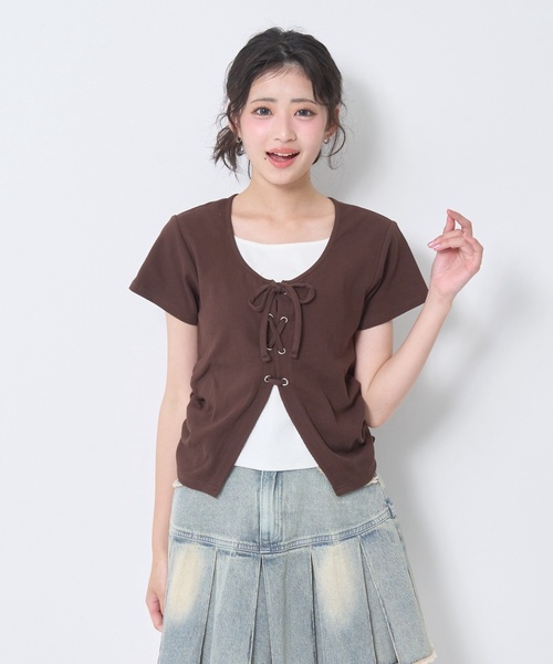 LOVETOXIC(ラブトキシック)の「【新色入荷♪】レースアップテレコ半袖T(Tシャツ/カットソー・キッズ・トップグレー/ブラック/サックスブルー/オフホワイト/ブラウン・S:140cm/130cm/M:150cm/L:160cm/M/L/SS/S)」の8枚目の写真