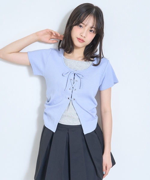 LOVETOXIC(ラブトキシック)の「【新色入荷♪】レースアップテレコ半袖T(Tシャツ/カットソー・キッズ・トップグレー/ブラック/サックスブルー/オフホワイト/ブラウン・S:140cm/130cm/M:150cm/L:160cm/M/L/SS/S)」の9枚目の写真