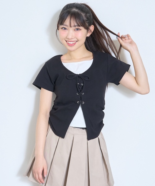 LOVETOXIC(ラブトキシック)の「【新色入荷♪】レースアップテレコ半袖T(Tシャツ/カットソー・キッズ・トップグレー/ブラック/サックスブルー/オフホワイト/ブラウン・S:140cm/130cm/M:150cm/L:160cm/M/L/SS/S)」の10枚目の写真