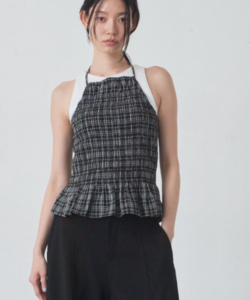 ANF.MUU(アンフムー)の「チェック柄シャーリングキャミ(キャミソール・レディース・ホワイト/ブラック・FREE)」の2枚目の写真