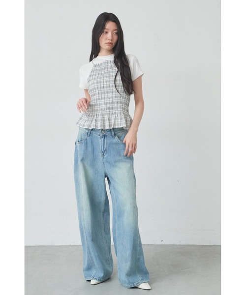 ANF.MUU(アンフムー)の「チェック柄シャーリングキャミ(キャミソール・レディース・ホワイト/ブラック・FREE)」の4枚目の写真