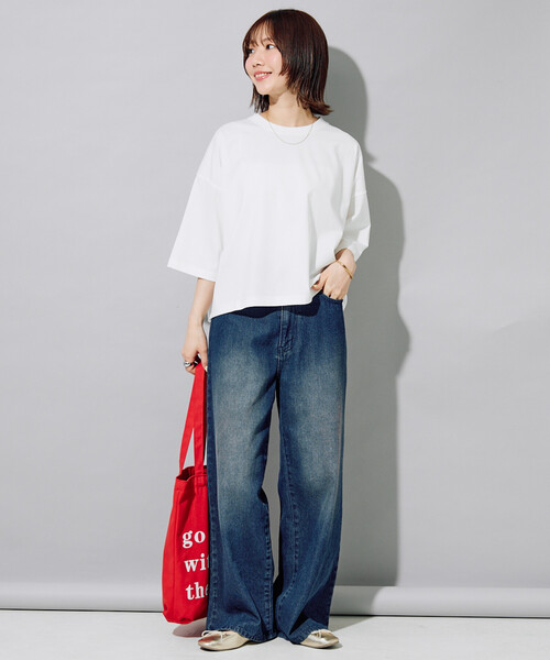 FREAK'S STORE(フリークスストア)の「限定展開 <接触冷感・吸水速乾・UVカット・抗菌・防臭>STORATECH(ストラテック) クロップド ワイド Tシャツ(Tシャツ/カットソー・レディース・ライトピンク/ブラック/オフホワイト/ブラウン/ブルー/ベージュ/ネイビー・フリ-)」の8枚目の写真