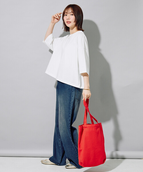 FREAK'S STORE(フリークスストア)の「限定展開 <接触冷感・吸水速乾・UVカット・抗菌・防臭>STORATECH(ストラテック) クロップド ワイド Tシャツ(Tシャツ/カットソー・レディース・ライトピンク/ブラック/オフホワイト/ブラウン/ブルー/ベージュ/ネイビー・フリ-)」の9枚目の写真