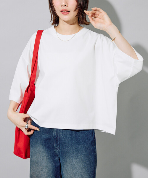 FREAK'S STORE(フリークスストア)の「限定展開 <接触冷感・吸水速乾・UVカット・抗菌・防臭>STORATECH(ストラテック) クロップド ワイド Tシャツ(Tシャツ/カットソー・レディース・ライトピンク/ブラック/オフホワイト/ブラウン/ブルー/ベージュ/ネイビー・フリ-)」の10枚目の写真