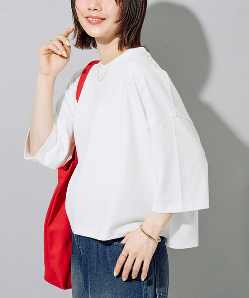 FREAK'S STORE(フリークスストア)の「限定展開 <接触冷感・吸水速乾・UVカット・抗菌・防臭>STORATECH(ストラテック) クロップド ワイド Tシャツ(Tシャツ/カットソー・レディース・ライトピンク/ブラック/オフホワイト/ブラウン/ブルー/ベージュ/ネイビー・フリ-)」の1枚目の写真