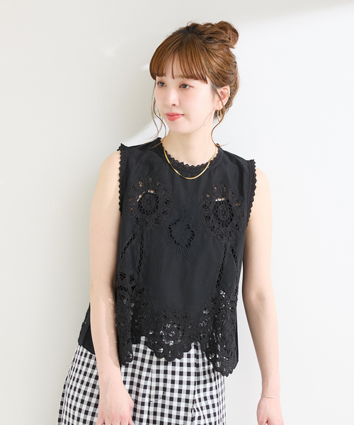 Fanaka(ファナカ)の「【WEB限定】手洗い可 / FANAKA / ファナカ バテンレースノースリブラウス(シャツ/ブラウス・レディース・ブラック/ホワイト・FREE)」の7枚目の写真