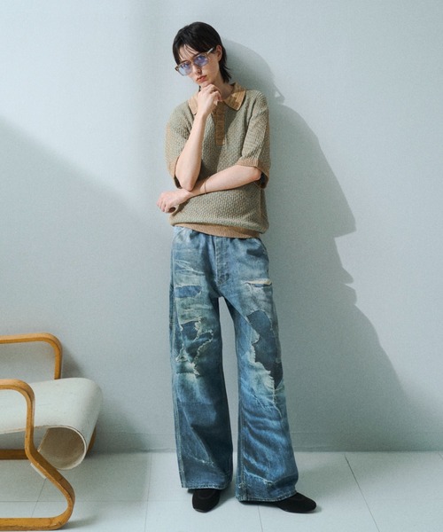 soerte(ソエルテ)の「Trompe-l’oeil Distressed Denim Pants/トロンプルイユディストレストデニムパンツ(デニムパンツ・メンズ・ブルー/ブラウン・3/2/1)」の5枚目の写真