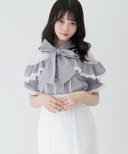 DearMyLove(ディアマイラブ)の「上品レースフリルボウタイリボンブラウス(シャツ/ブラウス・レディース・ホワイト/ブラック/ブルーグレー・MEDIUM/3L/LARGE)」の10枚目の写真
