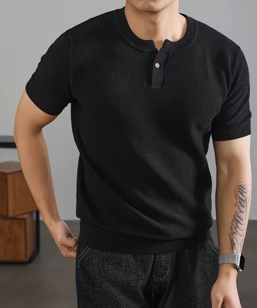 STYLE NUMBER(スタイルナンバー)の「【 STYLE NUMBER / スタイルナンバー 】 ワッフル編み ヘンリーネック 半袖 Tシャツ(Tシャツ/カットソー・メンズ・ホワイト/ブラック・LARGE/X-LARGE/XX-LARGE/MEDIUM)」の1枚目の写真