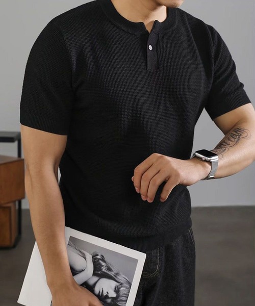 STYLE NUMBER(スタイルナンバー)の「【 STYLE NUMBER / スタイルナンバー 】 ワッフル編み ヘンリーネック 半袖 Tシャツ(Tシャツ/カットソー・メンズ・ホワイト/ブラック・LARGE/X-LARGE/XX-LARGE/MEDIUM)」の4枚目の写真