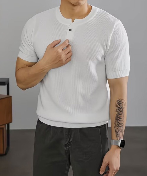 STYLE NUMBER(スタイルナンバー)の「【 STYLE NUMBER / スタイルナンバー 】 ワッフル編み ヘンリーネック 半袖 Tシャツ(Tシャツ/カットソー・メンズ・ホワイト/ブラック・LARGE/X-LARGE/XX-LARGE/MEDIUM)」の6枚目の写真