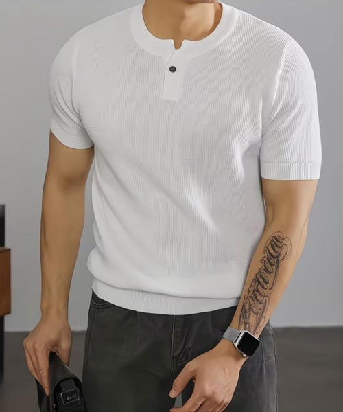STYLE NUMBER(スタイルナンバー)の「【 STYLE NUMBER / スタイルナンバー 】 ワッフル編み ヘンリーネック 半袖 Tシャツ(Tシャツ/カットソー・メンズ・ホワイト/ブラック・LARGE/X-LARGE/XX-LARGE/MEDIUM)」の5枚目の写真