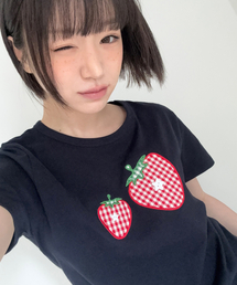 チェックストロベリーアップリケTシャツ[ネイビー]