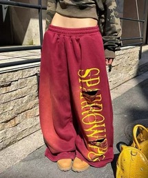 【Y2K／ストリート】ダメージ加工ロゴプリントワイドスウェットパンツ ビッグロゴルーズスウェットパンツ