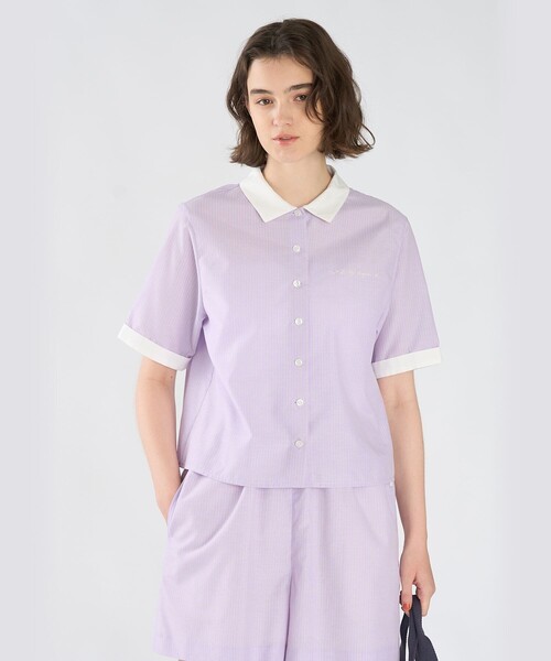 To b. by agnes b.(トゥービーバイアニエスベー)の「ロゴ プリント ストライプ ハーフスリーブ シャツ(シャツ/ブラウス・レディース・パープル系その他・40/38/36)」の7枚目の写真
