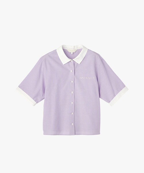 To b. by agnes b.(トゥービーバイアニエスベー)の「ロゴ プリント ストライプ ハーフスリーブ シャツ(シャツ/ブラウス・レディース・パープル系その他・40/38/36)」の2枚目の写真