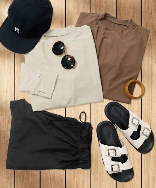 OSYAREVO(オシャレボ)の「水着 レディース 体型カバー ラッシュガード 2点セット 紫外線カット率 99%以上 UPF50+ uvカット フィットネス 水陸両用 セットアップ セパレート(ラッシュガード・レディース・ブラック系/グレイッシュベージュ/ブラック系その他/ブラック/グレー/グレイッシュブルー/ブラウン/ナチュラル/ベージュ・LARGE/X-LARGE/MEDIUM)」の7枚目の写真