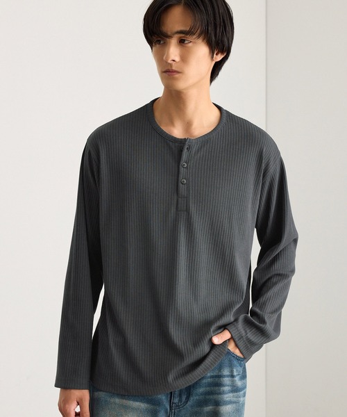 MONO-MART(モノマート)の「テレコリブ ヘンリーネック コンパクト ベーシック長袖Tシャツ(Tシャツ/カットソー・メンズ・カーキオリーブ/杢グレー/スミクロ/オフホワイト/ダークブラウン・S/M/L)」の9枚目の写真