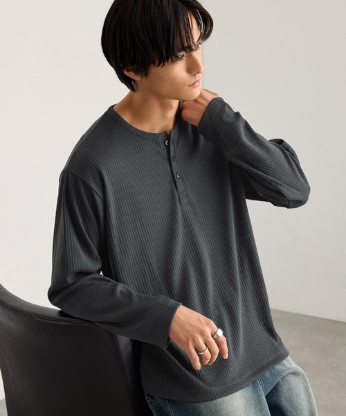 MONO-MART(モノマート)の「テレコリブ ヘンリーネック コンパクト ベーシック長袖Tシャツ(Tシャツ/カットソー・メンズ・カーキオリーブ/杢グレー/スミクロ/オフホワイト/ダークブラウン・S/M/L)」の10枚目の写真