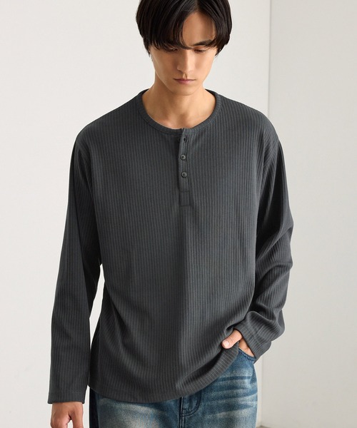 MONO-MART(モノマート)の「テレコリブ ヘンリーネック コンパクト ベーシック長袖Tシャツ(Tシャツ/カットソー・メンズ・カーキオリーブ/杢グレー/スミクロ/オフホワイト/ダークブラウン・S/M/L)」の11枚目の写真