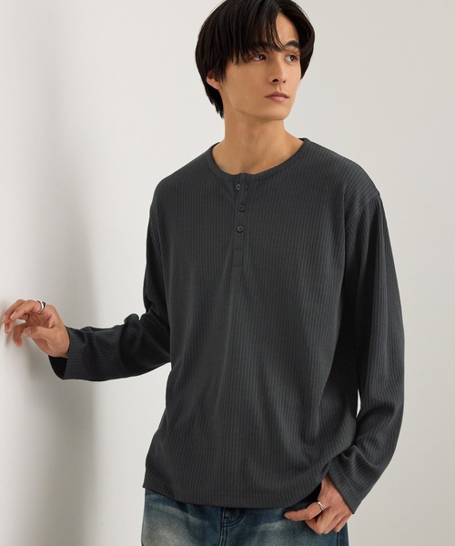 MONO-MART(モノマート)の「テレコリブ ヘンリーネック コンパクト ベーシック長袖Tシャツ(Tシャツ/カットソー・メンズ・カーキオリーブ/杢グレー/スミクロ/オフホワイト/ダークブラウン・S/M/L)」の16枚目の写真
