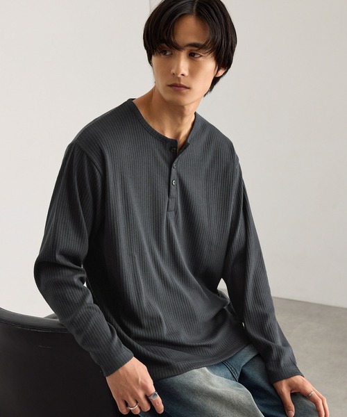 MONO-MART(モノマート)の「テレコリブ ヘンリーネック コンパクト ベーシック長袖Tシャツ(Tシャツ/カットソー・メンズ・カーキオリーブ/杢グレー/スミクロ/オフホワイト/ダークブラウン・S/M/L)」の20枚目の写真