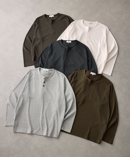 MONO-MART(モノマート)の「テレコリブ ヘンリーネック コンパクト ベーシック長袖Tシャツ(Tシャツ/カットソー・メンズ・カーキオリーブ/杢グレー/スミクロ/オフホワイト/ダークブラウン・S/M/L)」の6枚目の写真