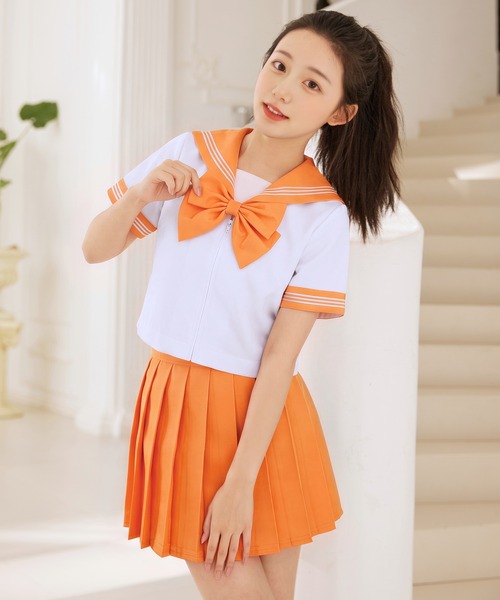 LunaBelle（ルナベル）の「【制服コスプレ3点セット】スーパーカラフルセーラー服（半袖シャツ ・スカート ・スクールリボン）（コスチューム/パーティーグッズ・レディース・ミント/ブルー/レッド/ブラック/オレンジ/ネイビー系/グリーン/サックスブルー/ホワイト×レッド/ネイビー/グレー/ピンク/イエロー/パープル・M/L/2L/S）」の14枚目の写真