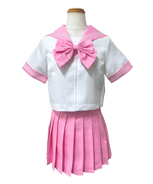 LunaBelle（ルナベル）の「【制服コスプレ3点セット】スーパーカラフルセーラー服（半袖シャツ ・スカート ・スクールリボン）（コスチューム/パーティーグッズ・レディース・ミント/ブルー/レッド/ブラック/オレンジ/ネイビー系/グリーン/サックスブルー/ホワイト×レッド/ネイビー/グレー/ピンク/イエロー/パープル・M/L/2L/S）」の21枚目の写真