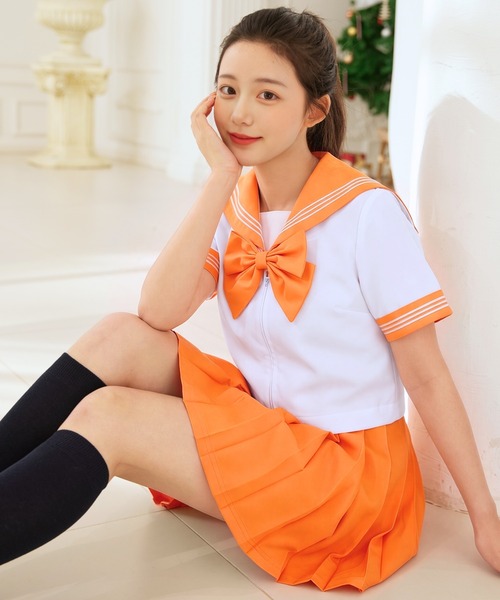 LunaBelle（ルナベル）の「【制服コスプレ3点セット】スーパーカラフルセーラー服（半袖シャツ ・スカート ・スクールリボン）（コスチューム/パーティーグッズ・レディース・ミント/ブルー/レッド/ブラック/オレンジ/ネイビー系/グリーン/サックスブルー/ホワイト×レッド/ネイビー/グレー/ピンク/イエロー/パープル・M/L/2L/S）」の17枚目の写真